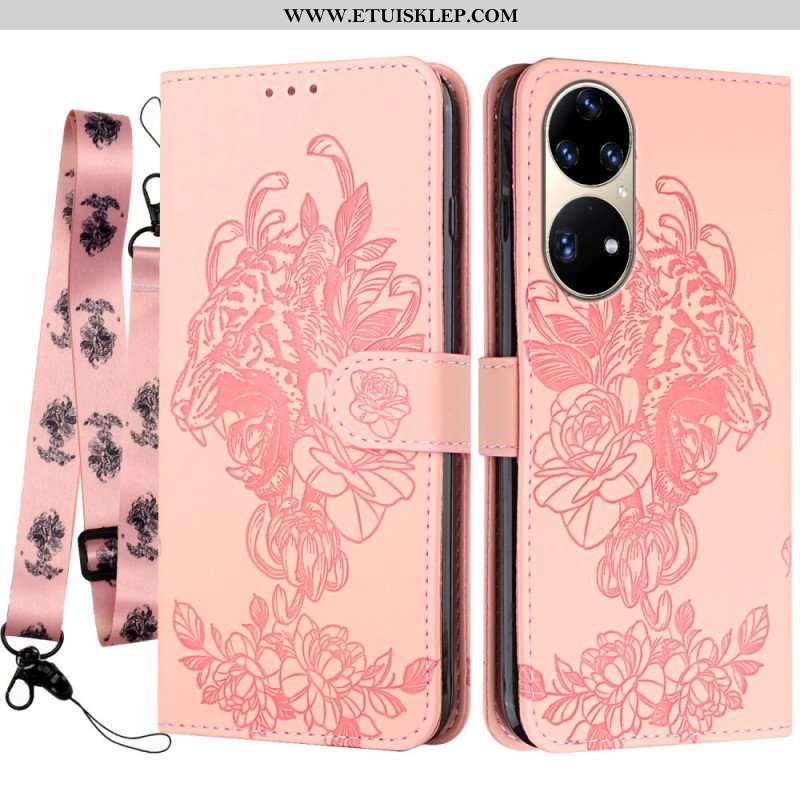 Etui Folio do Huawei P50 Pro z Łańcuch Barokowy Tygrys Z Paskami